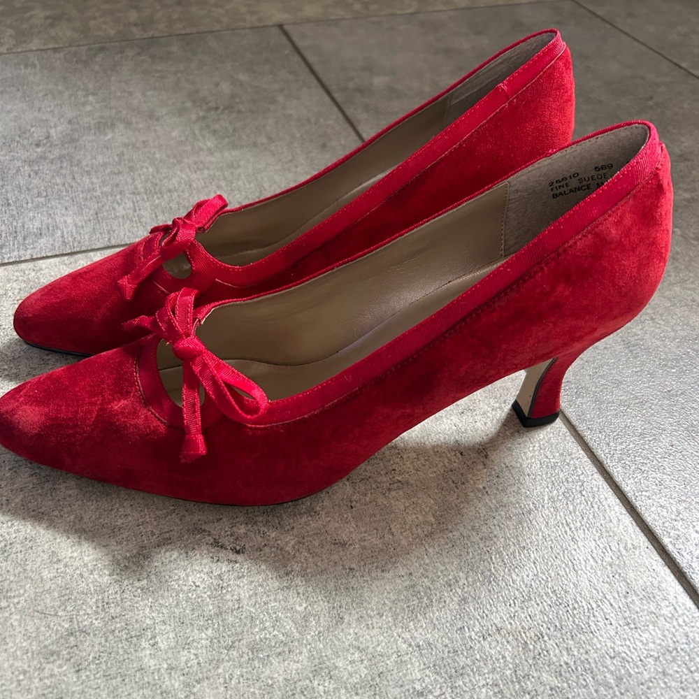 Carriage Court red suede Mary Jane kitten heels